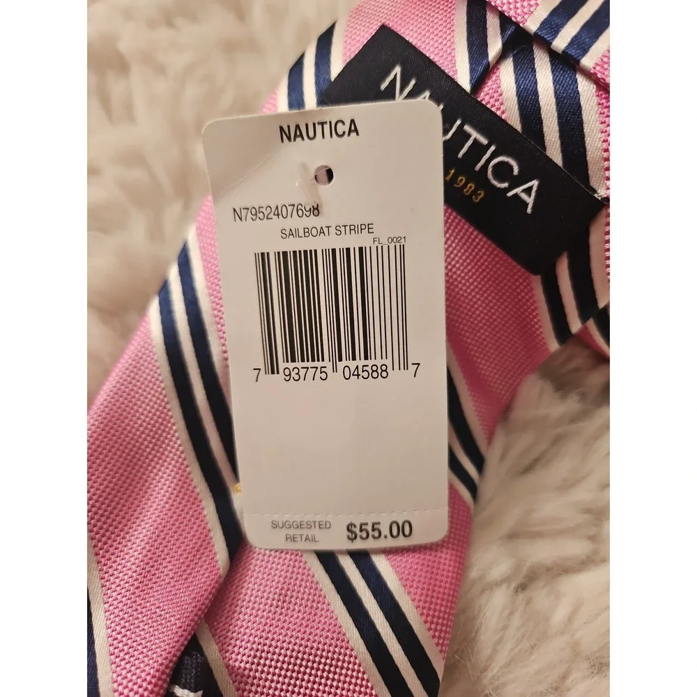 Nautica Men's Silk Neck Tie Pink Navy Blue Sailboat Stripe NWT 59